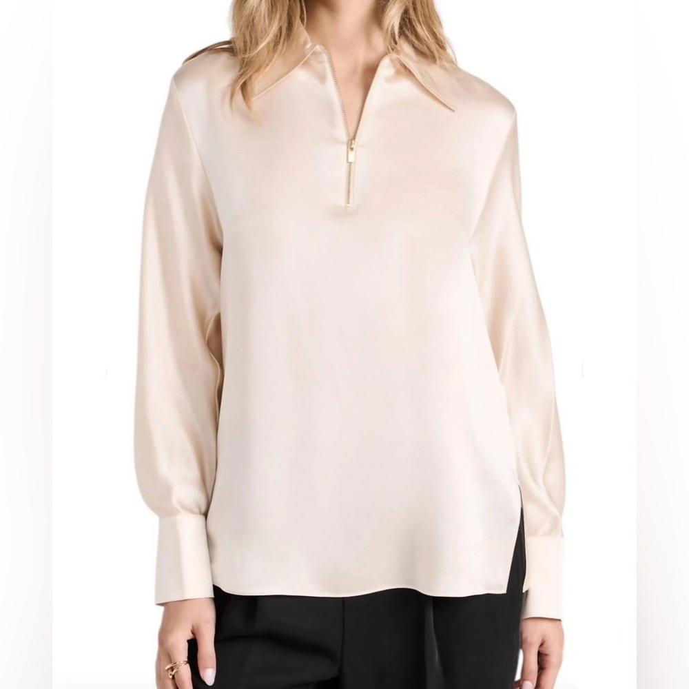 EUC- Vince 100% Silk Long-Sleeve Zip Neck Blouse